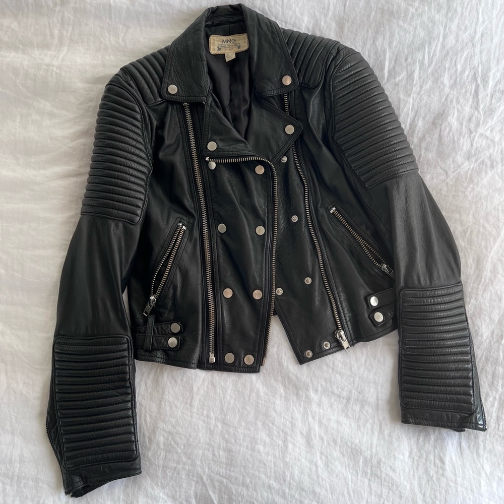Mango black genuine leather biker jacket